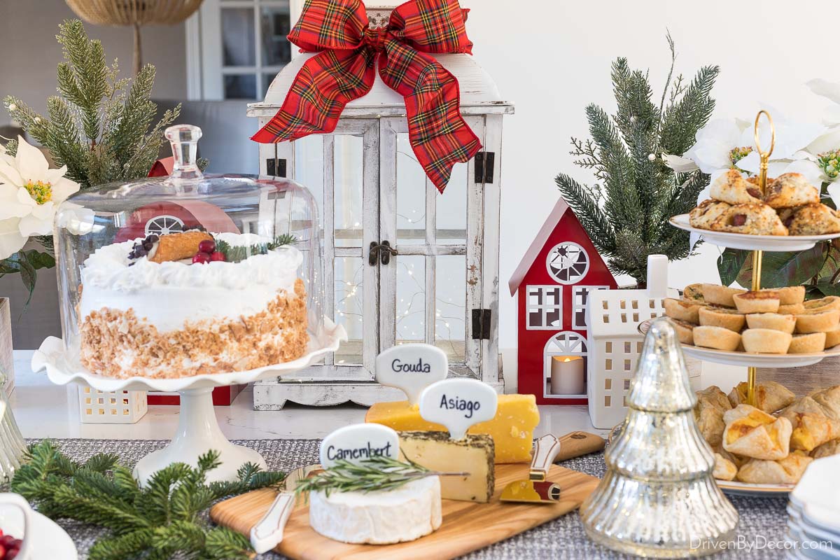 A lantern filled with fairly lights as part of a beautiful holiday buffet - love this lantern decor idea!