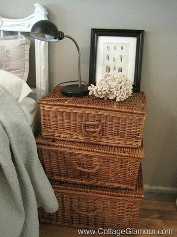 Set of three baskets stacked and used as nightstands