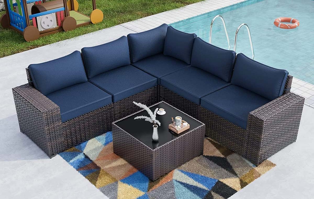 Affordable woven outdoor sectional with navy cushions