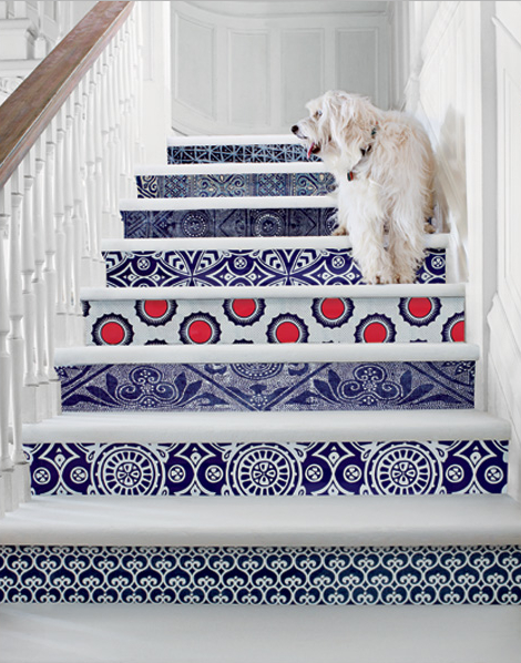 Love these patterned stair risers covered in different patterns of wallpaper!