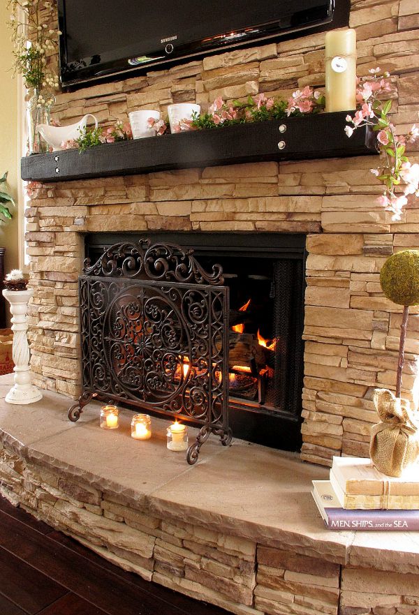 Gorgeous stacked stone fireplace