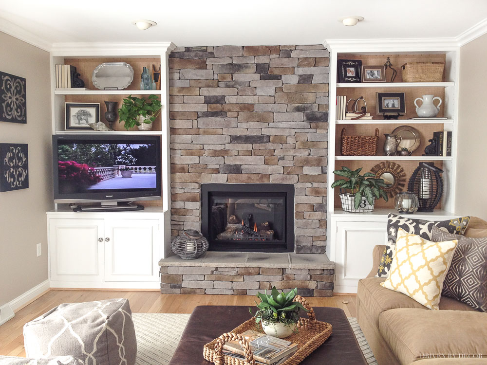 Loving this stone veneer fireplace - the stacked stone is gorgeous!