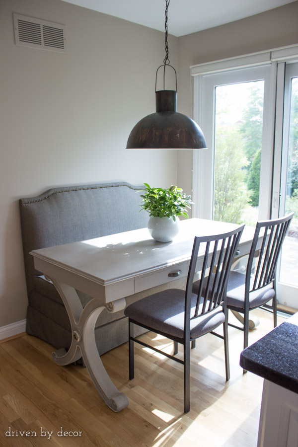 Using a desk as a kitchen table in our kitchen-eat-in