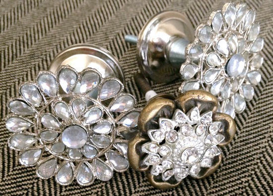 Rhinestone and gold cabinet knobs used to create a holder for displaying medals