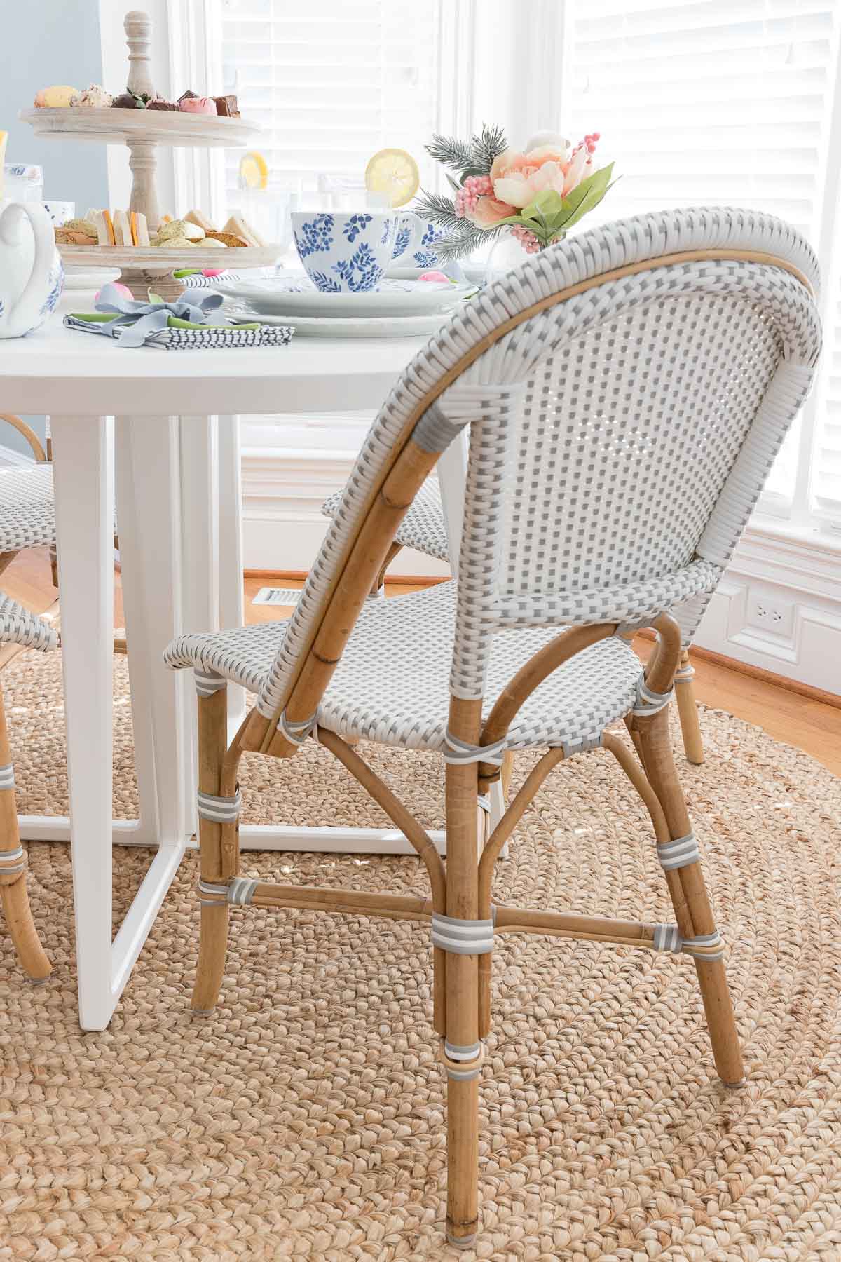 Rattan bistro dining chair with gray and white weave seat & back