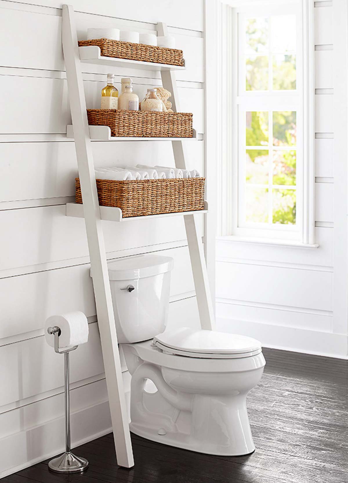 Over the toilet decorative ladder with baskets