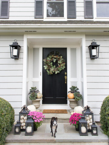 Ideas for decorating your front porch for fall! Includes favorite wreaths, lanterns, doormats, and more!