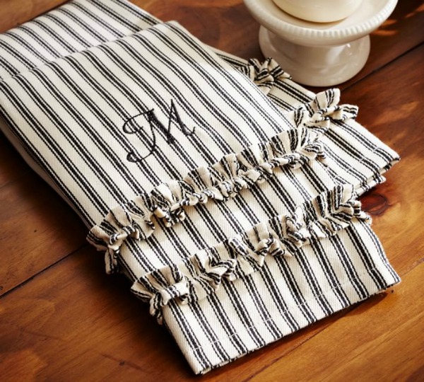 Ticking stripe ruffled guest towels by Pottery Barn