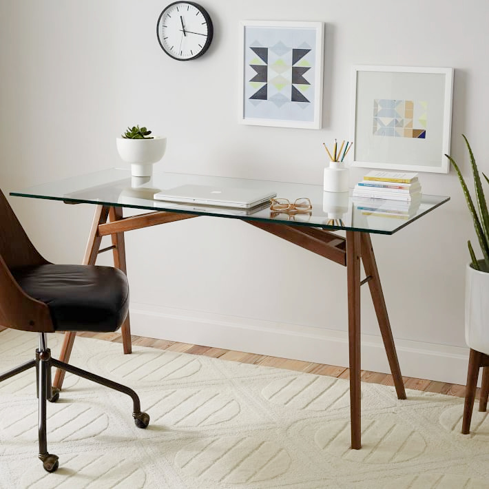 Loving this classic, clean-lined wood base desk with glass top!