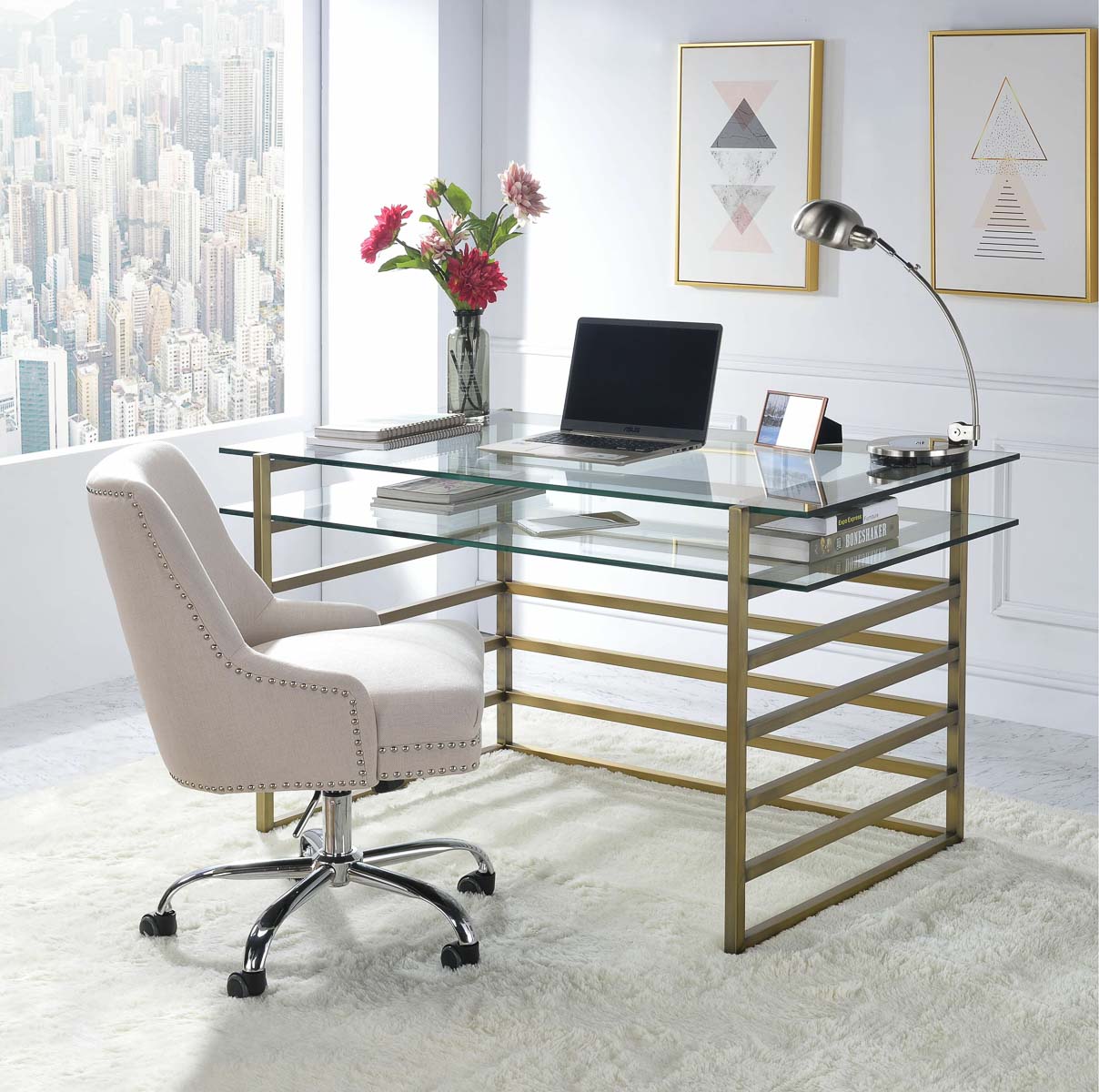 Modern glass top desk with brass base and glass shelf
