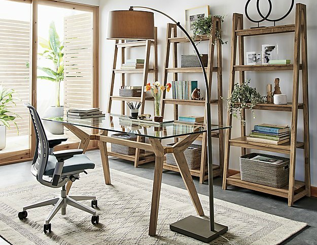 LOVE this gorgeous glass top desk - I'm crushing on that wood base with the brass accents!