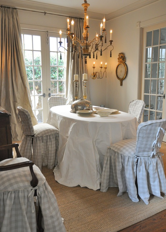 Ruffled dining room chair slipcovers with ties down back