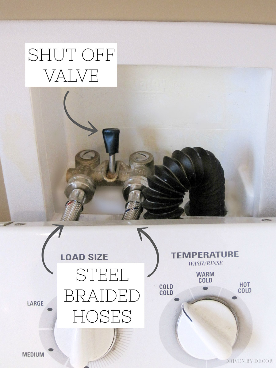 Must-have for upstairs laundry rooms! A shut off valve and steel braided hoses!