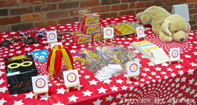 Prize table for carnival or circus birthday party