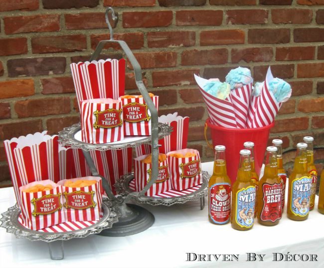 Treat table with candy peanuts and cotton candy at carnival birthday party