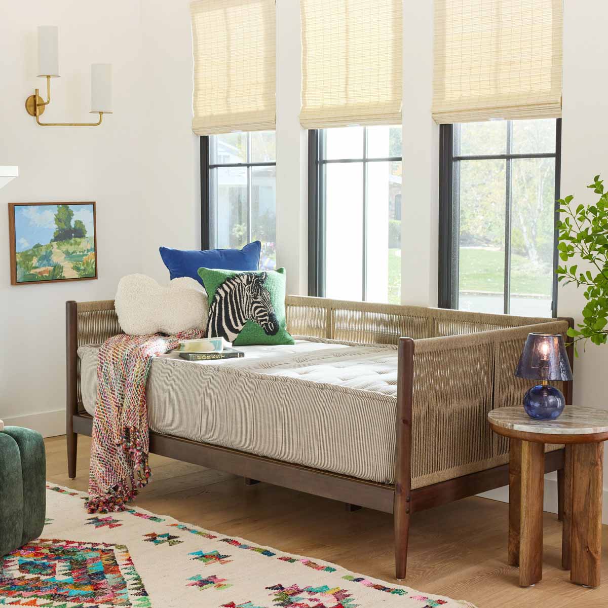 French stripe cushion cover on daybed mattress