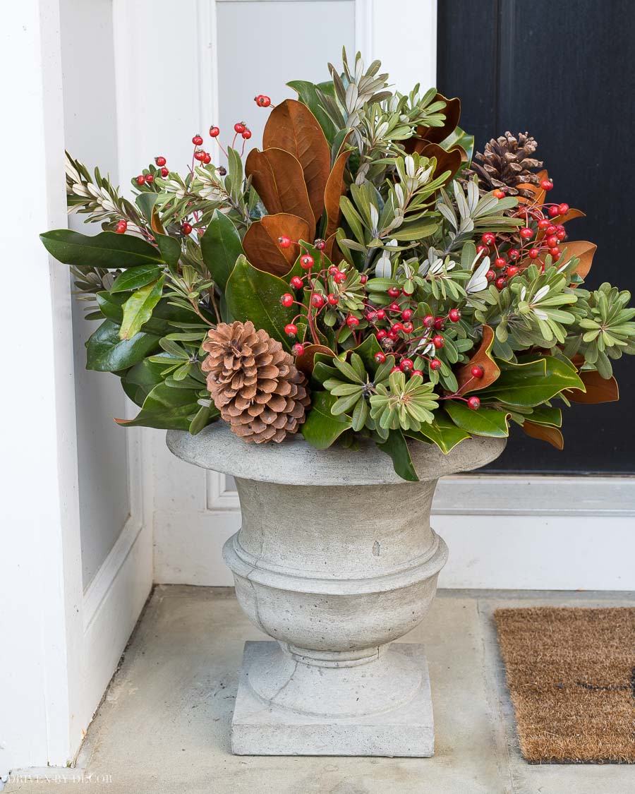 Our front door planters for Christmas! They're filled with magnolia branches, integrifolia, rose hips, and pinecones