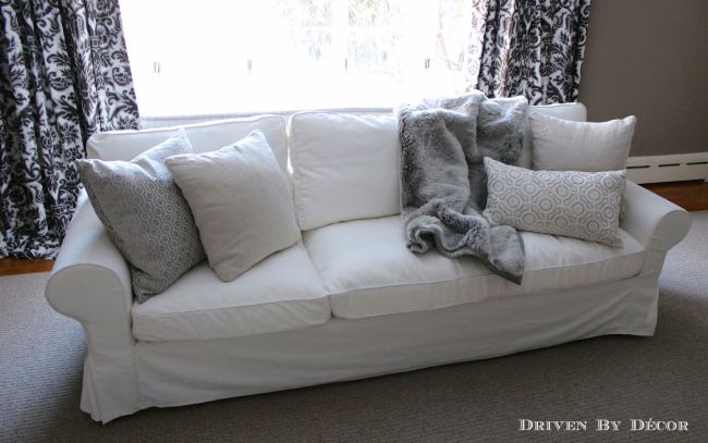 Chaise cushion on ektorp sofa with fur blanket