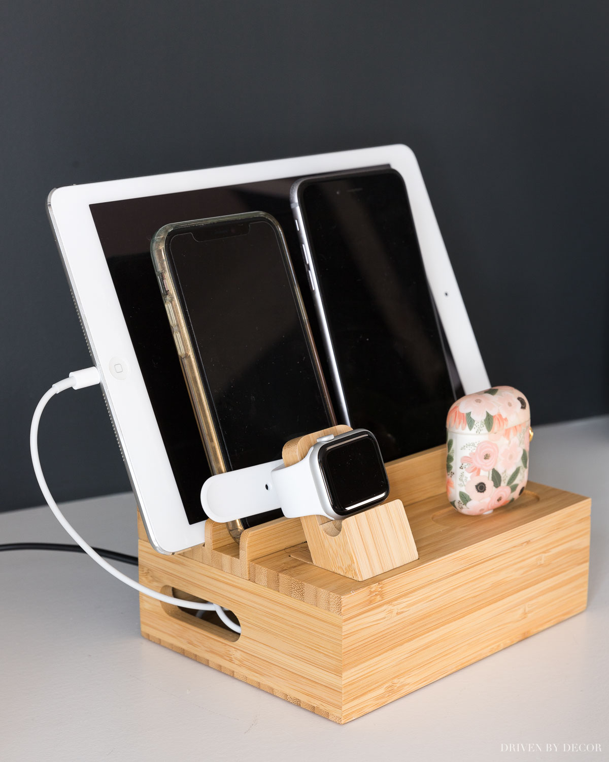 Bamboo charging station for our iPad, iPhones, Apple watch, and iPods