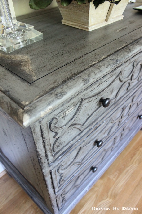 Beautiful gray distressed wood cheest of drawers