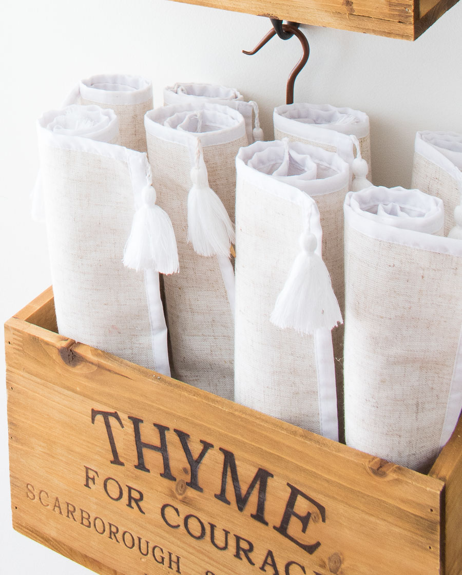 This "Thyme" wooden herb crate is perfect for holding rolled up placemats near our kitchen table!