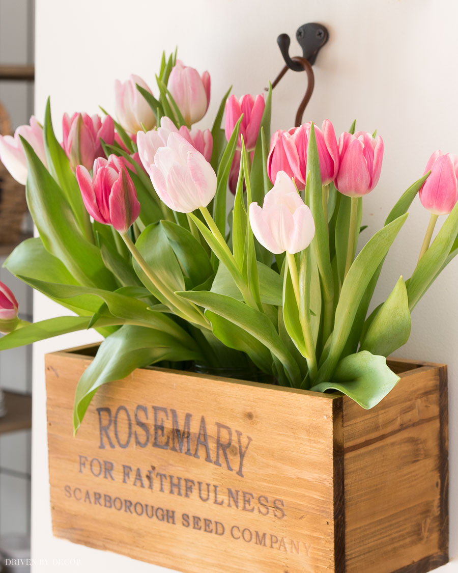 The hanging wooden herb boxes in our kitchen filled with flowers!