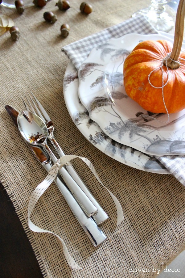 Driven by Decor - Simple Thanksgiving table - silverware tied with ribbon