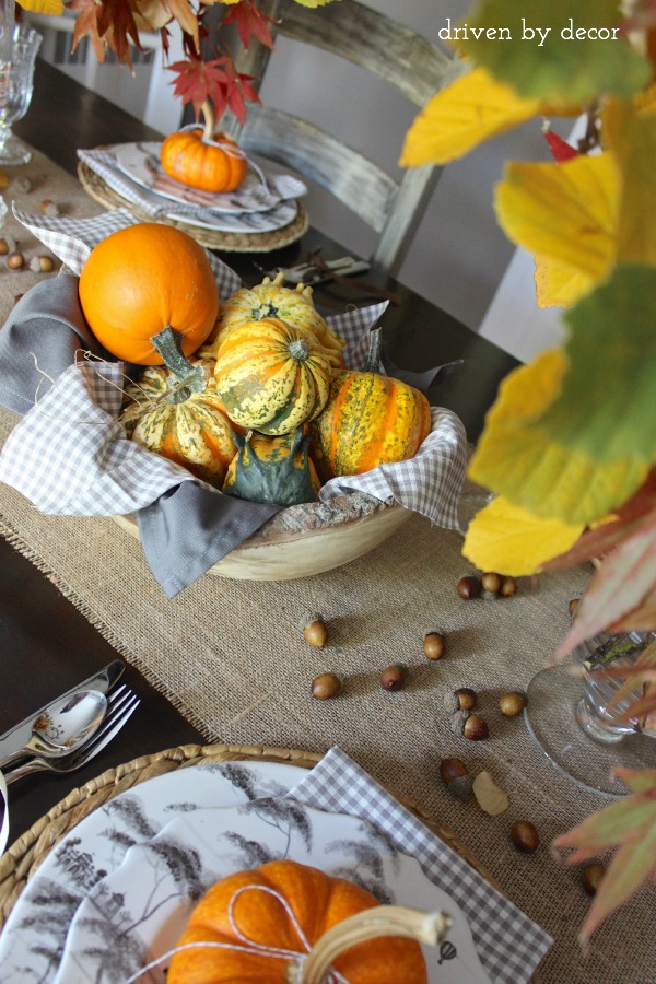 Driven by Decor - Simple thanksgiving centerpiece with pumpkins and gourds
