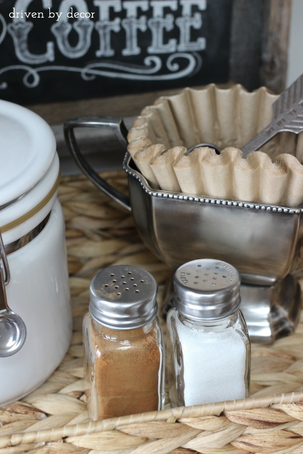 Coffee station cinnamon and sugar in salt & pepper shakers!