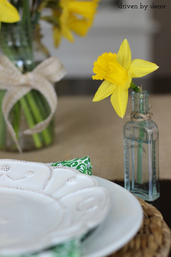 A single cut daffodil in vintage glass medicine bottle as part of simple spring tablescape