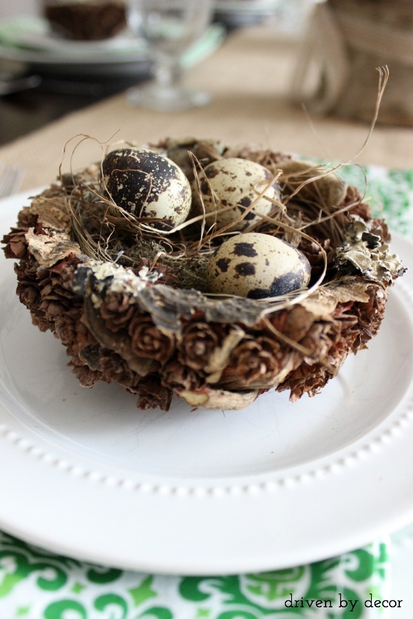 Nest with eggs as part of spring tablescape