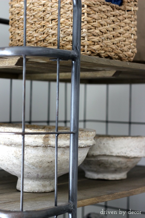 Rustic bowls on wood & metal baker's rack