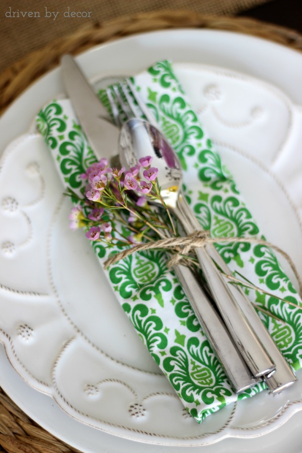 Tie a small floral spring with silverware for a simple spring placesetting