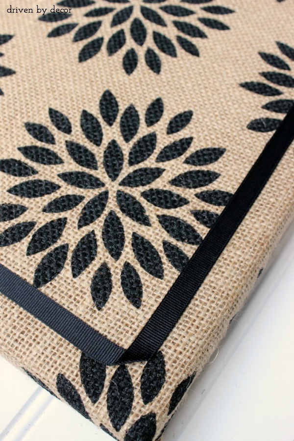 Super cute patterned burlap used to create a burlap covered cork board