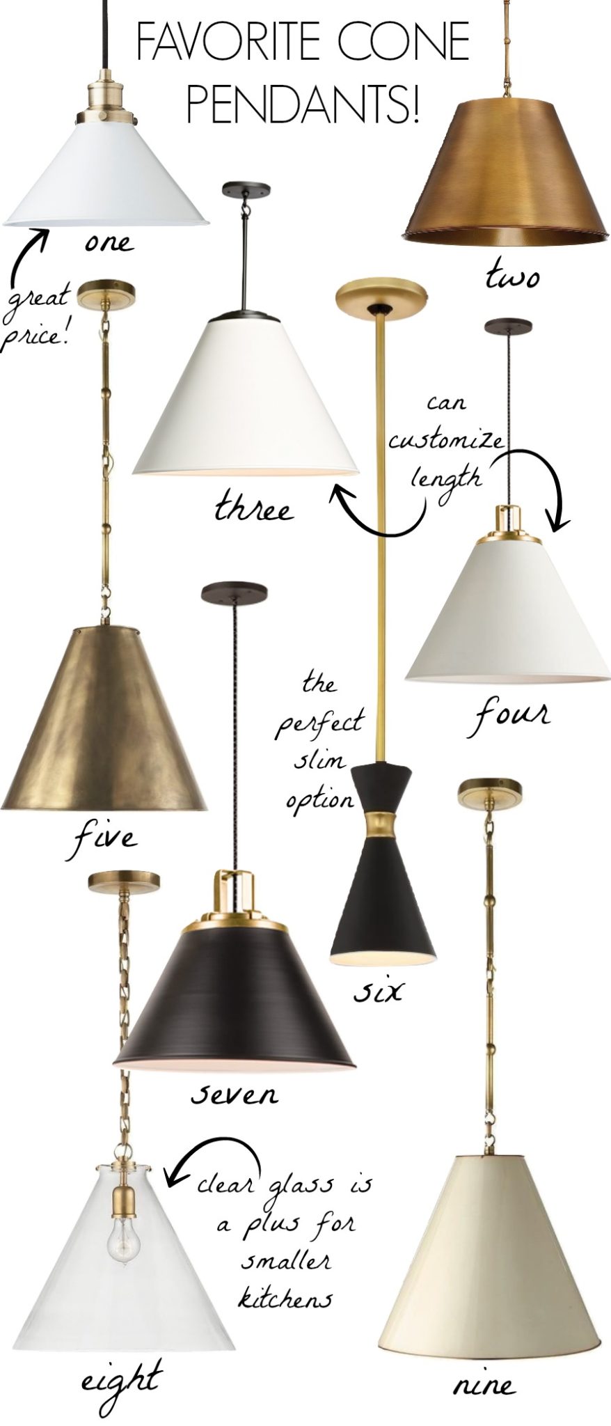 Love all of these cone pendant lights - love them over kitchen islands! Black, white, or brass and skinny or wide - so many options!!