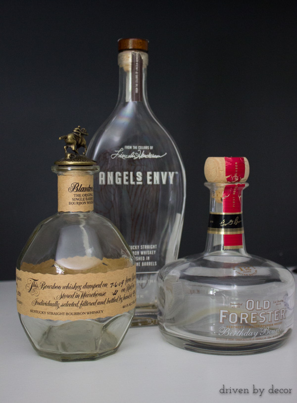 Liquor bottles that will be transformed into pretty vases