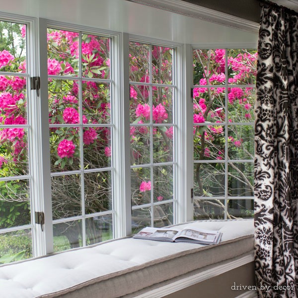 Window seat with French mattress cushion - beautiful!