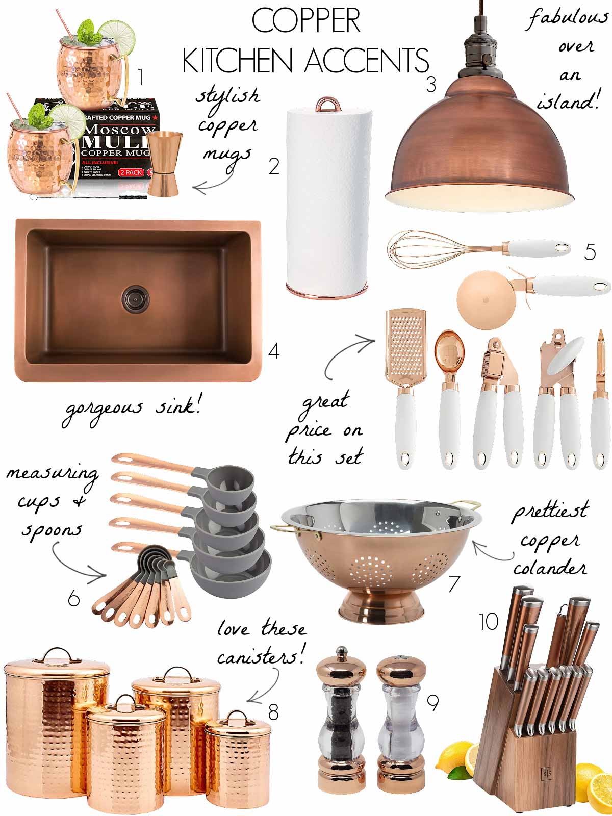 Copper kitchen accents - sink, mugs, lighting, and other kitchen accessories
