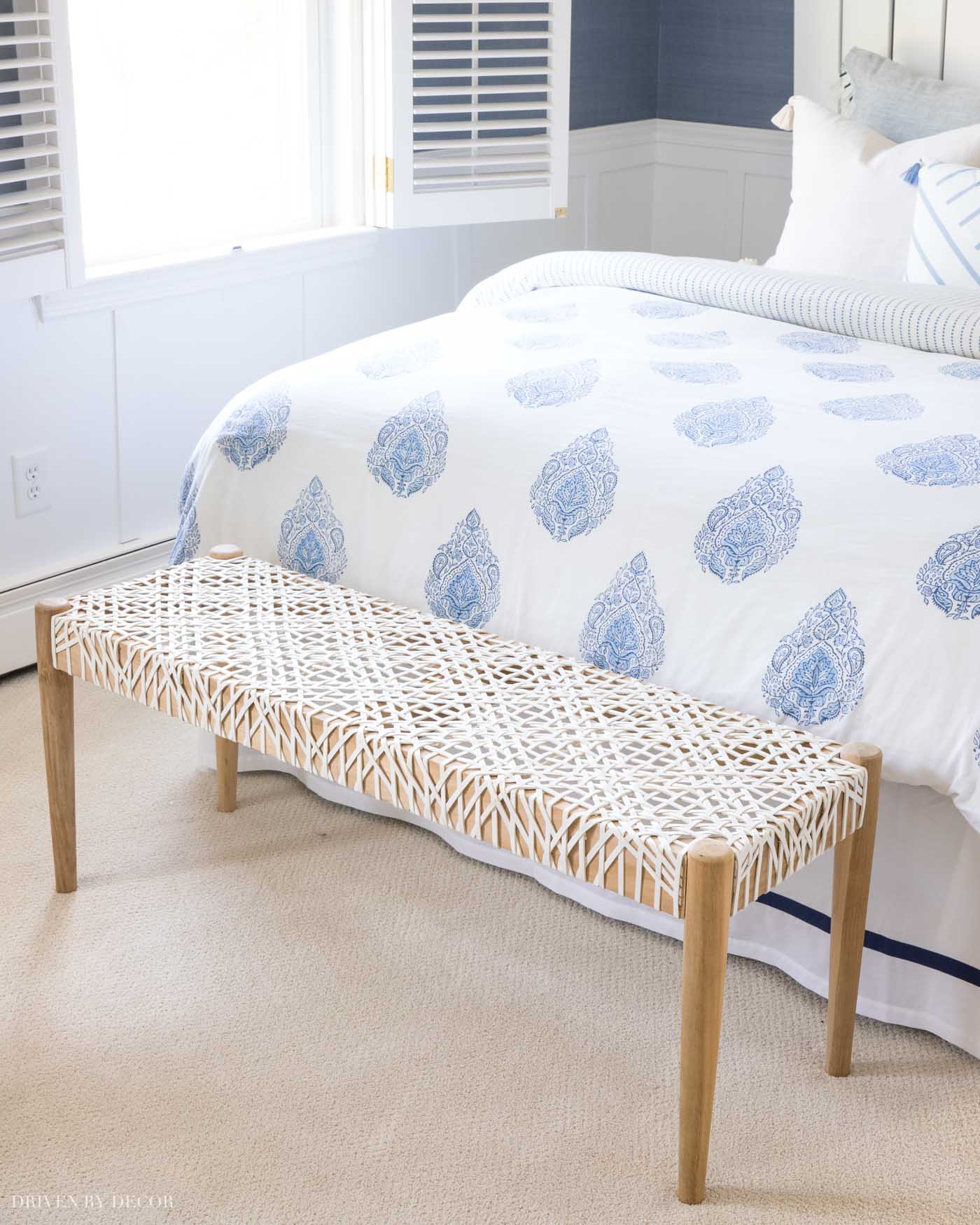 Such a pretty bench that works great at the foot of a bed!