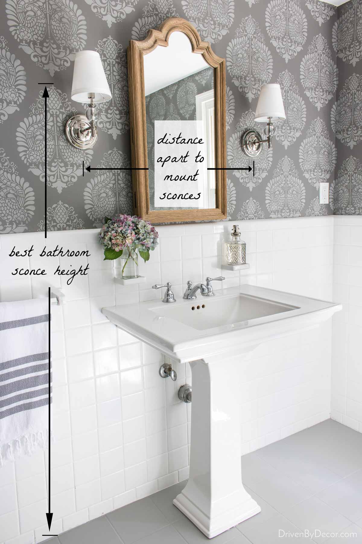 Shows the best bathroom sconce height with two sconces flanking a mirror