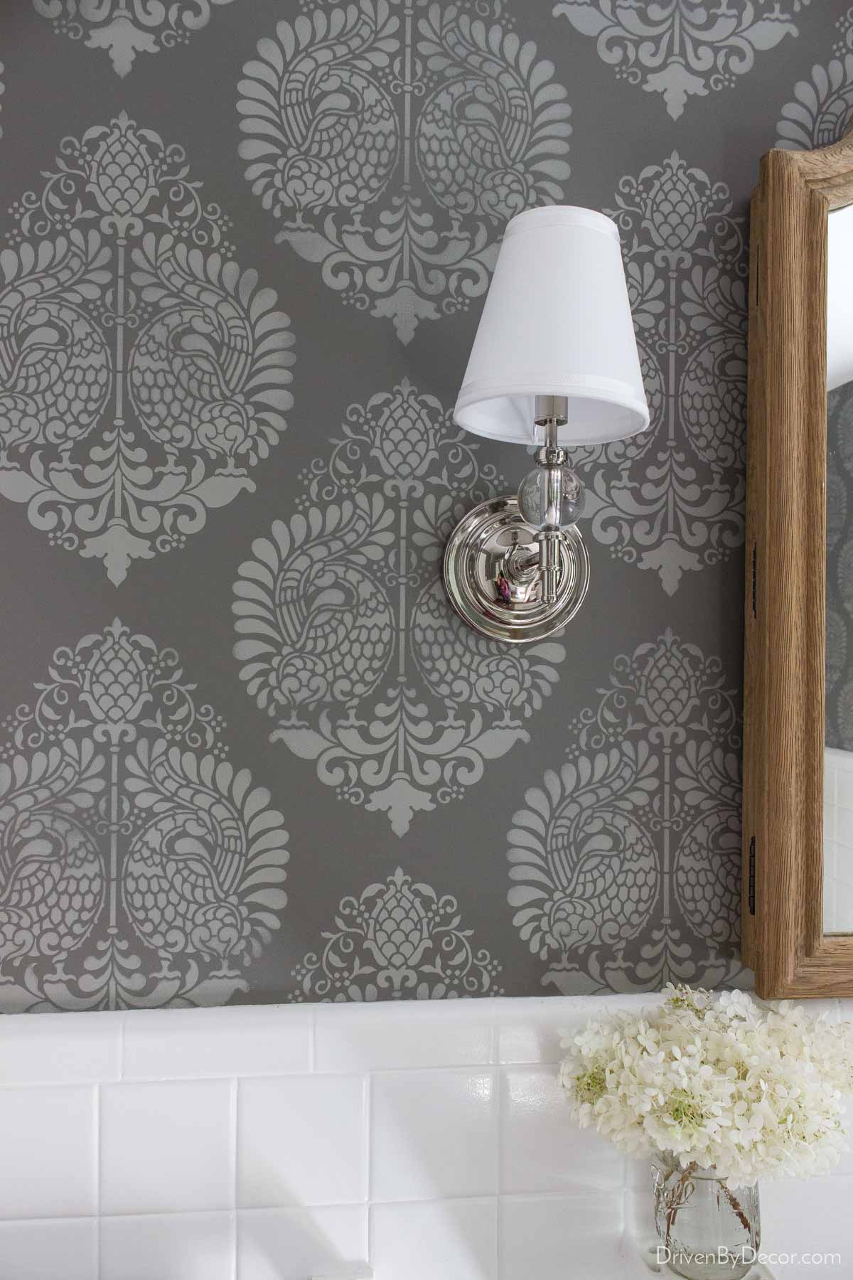 Finished stenciled wall in bathroom
