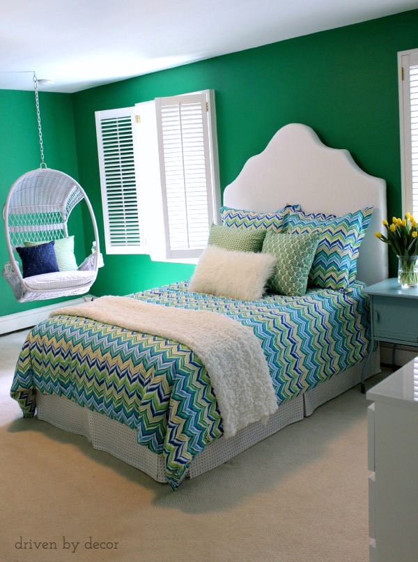 Tween bedroom in vibrant shades of green and blue - such a difference from the "before" pics!