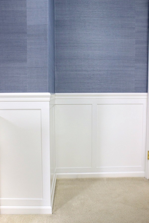 Board and batten molding and grasscloth wallpaper