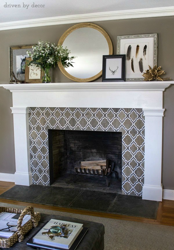 Love the fireplace tile and layered mirror and art on the mantel!