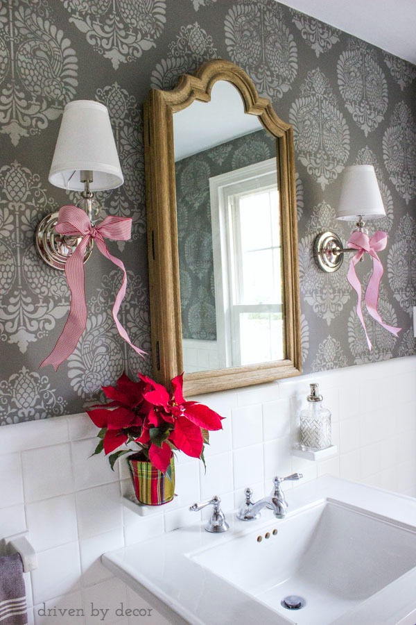 Powder room (those walls are stenciled!) with simple holiday decorations