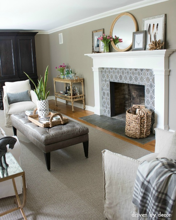 Family room in neutrals - love the fireplace!