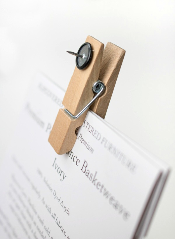 Hot glue a thumbtack to the back of a clothespin for the perfect bulletin board clip!