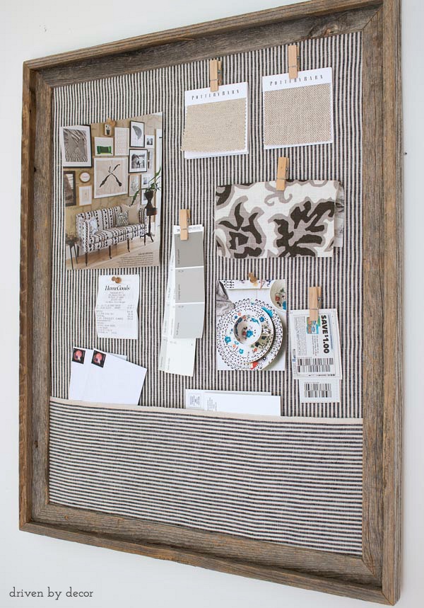 Simple DIY cork bulletin board (love the fabric pocket!)