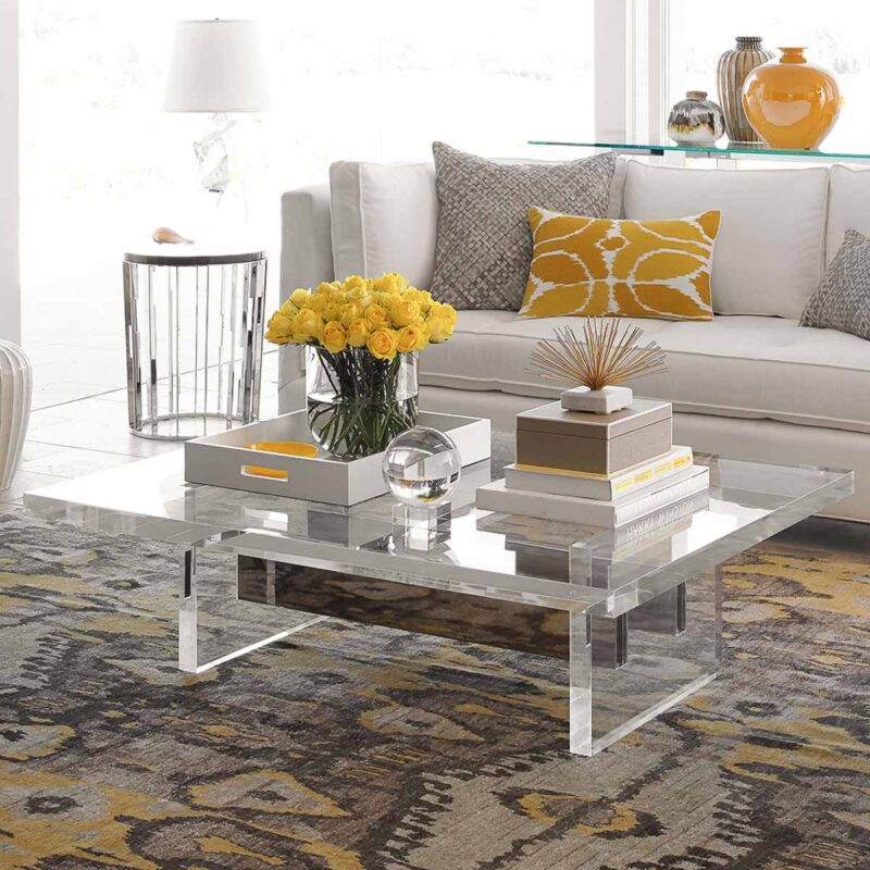 Rectangular acrylic slab coffee table in a living room