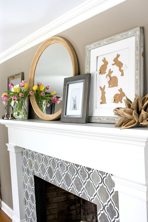 Fireplace mantel decorated for spring - includes DIY cork bunny art!